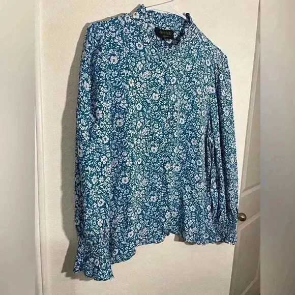 WYSE London Blue Floral Long Sleeve Frill Button Down Blouse Top Womens Size 3 - Picture 2 of 6